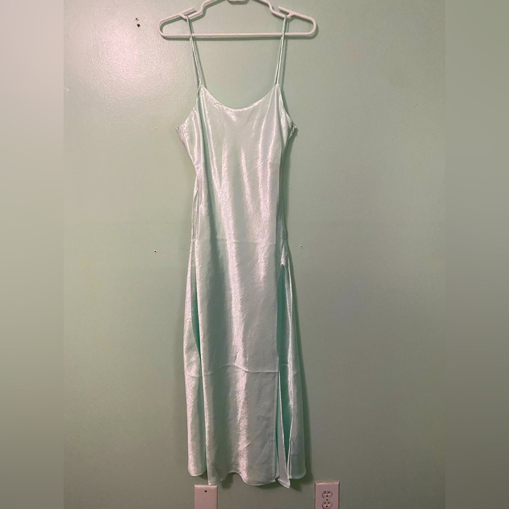 UO strappy dress teal with side slit, satin blend size small